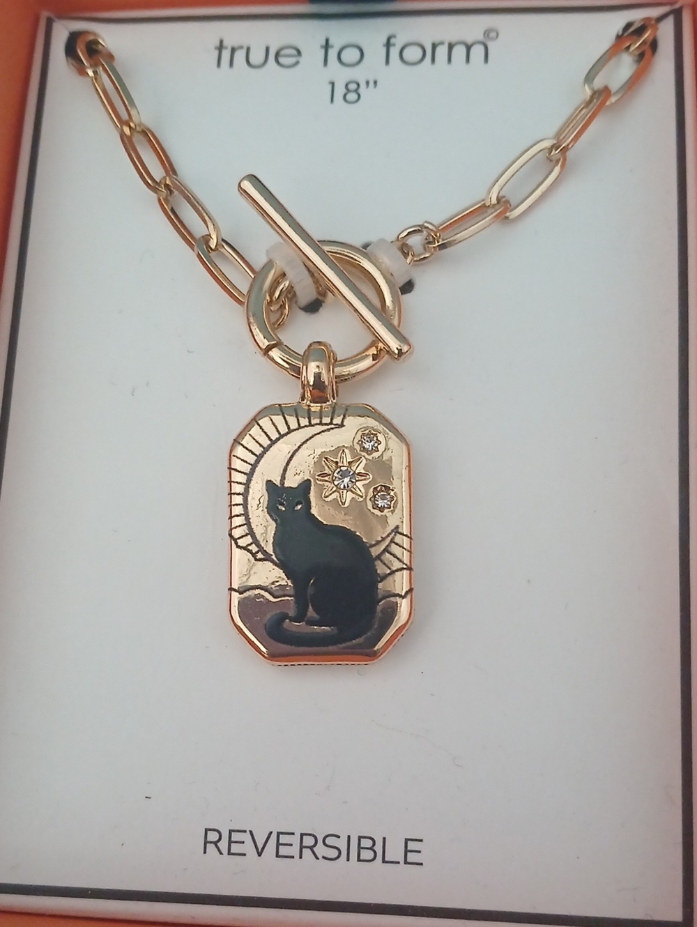 True to Form Reversible Gold Tone Black Cat/Evil Eye Pendant Necklace 18" - Picture 2 of 5